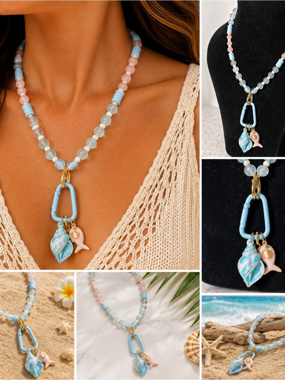 Pastel Sea Charm Beaded Necklace with Blue Carabiner Accent